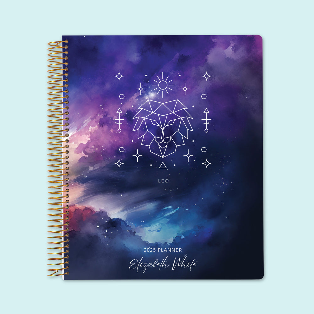 Weekly planner in 8.5x11 with a Leo Zodiac cover, offering a cosmic-inspired design, smooth paper, and goal-setting sections for productivity.