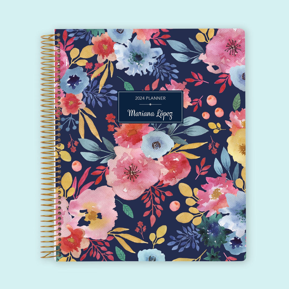 8.5x11 Weekly Planner - Navy Blue Pink Watercolor Floral