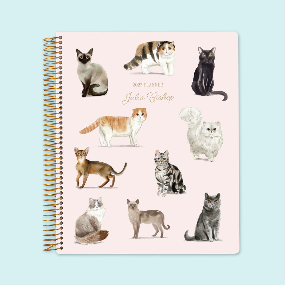 Large weekly planner with adorable illustrated cat cover – 8.5x11 layout perfect for busy schedules.