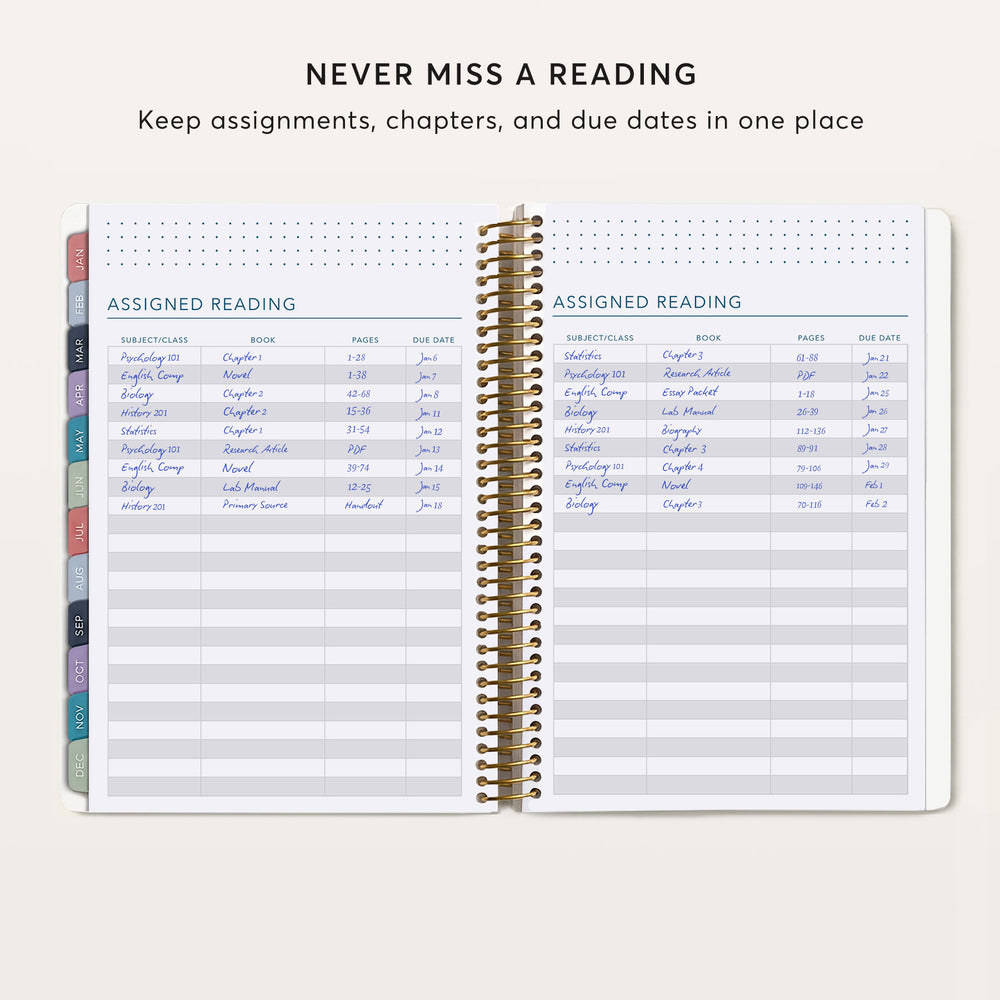 
                  
                    The image is a page from a planner or notebook, displaying a section for assigned reading. The page has a list of assignments, including various subjects and their due dates, organized in a structured manner.
                  
                