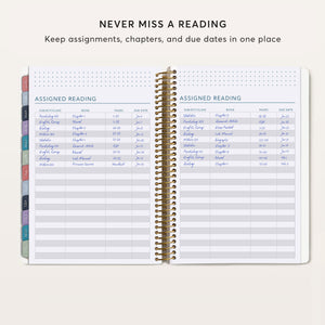 
                  
                    Student planner assigned-reading pages with columns for assignments and due dates.
                  
                