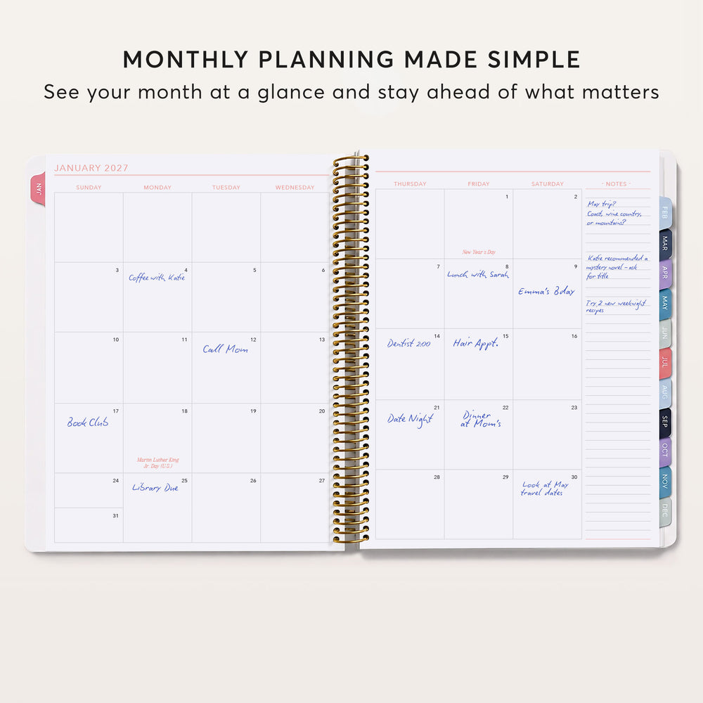a spiral-bound notebook with a Monthly Planning Made Simple page, showing a calendar for January of the following month. The page includes a list of tasks and events, such as coffee dates, book club meetings, library dates, and other personal activities. The page also includes a note for the month of May, suggesting that the user is planning to see their month at a glance and stay ahead of what matters.