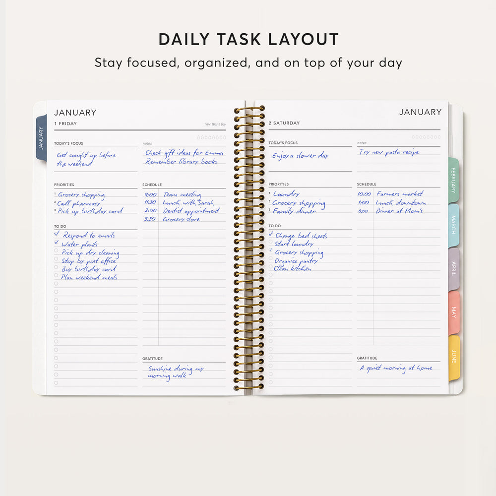 
                  
                    The image is a daily task layout in a spiral-bound notebook, featuring a calendar for the months of January and February, with a daily to-do list for each day. The layout includes sections for planning, grocery shopping, and other daily tasks, as well as sections for personal reflections and gratitude notes.
                  
                