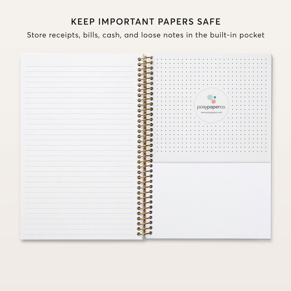 
                  
                    The image is a page from a spiral-bound notebook, with a blank page on the left side and a page with a dotted grid on the right side. The text on the page reads "KEEP IMPORTANT PAPERS SAFE Store receipts, bills, cash, and loose notes in the built-in pocket".
                  
                