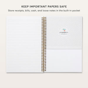 
                  
                    Budget planner back pocket beside a lined notes page.
                  
                
