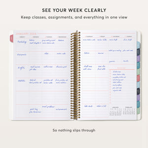 
                  
                    Open 6×9 student planner showing a January 2026 weekly layout for subjects, assignments and a to-do list.
                  
                