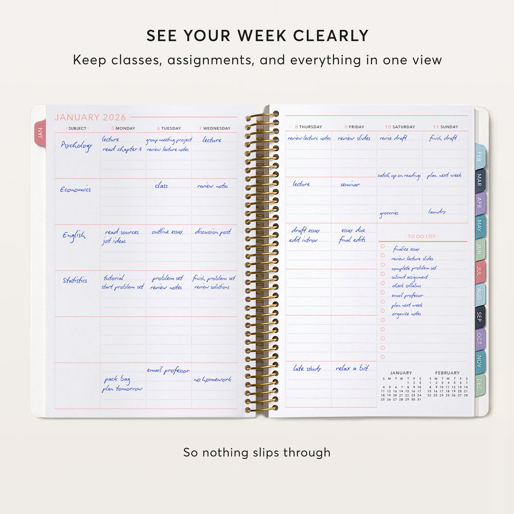 
                  
                    The image is a page from a spiral-bound notebook with a calendar for the month of January 2020. The page contains a detailed schedule for the week, including classes, assignments, and other activities. The page also includes a note that says "So nothing slips through" at the bottom.
                  
                