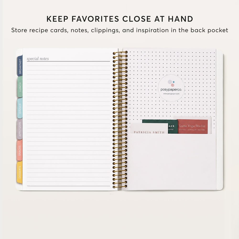 
                  
                    The image is a page from a spiral-bound notebook, featuring a blank page with a list of sections and a section with a list of notes. The text at the top of the page reads "KEEP FAVORITES CLOSE AT HAND."
                  
                