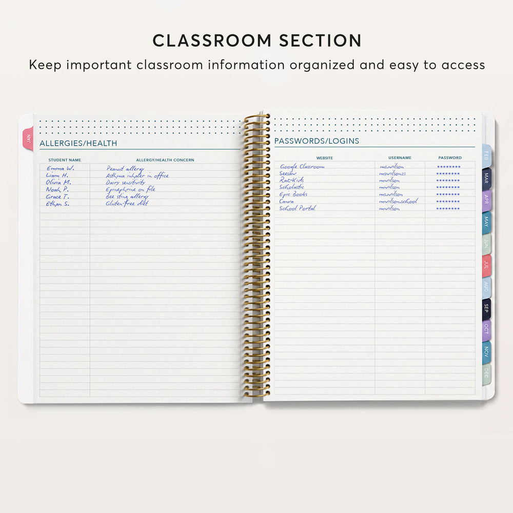 
                  
                    The image is a page from a spiral-bound notebook, specifically a Classroom Section notebook, which is designed to help teachers keep important classroom information organized and easily accessible.
                  
                