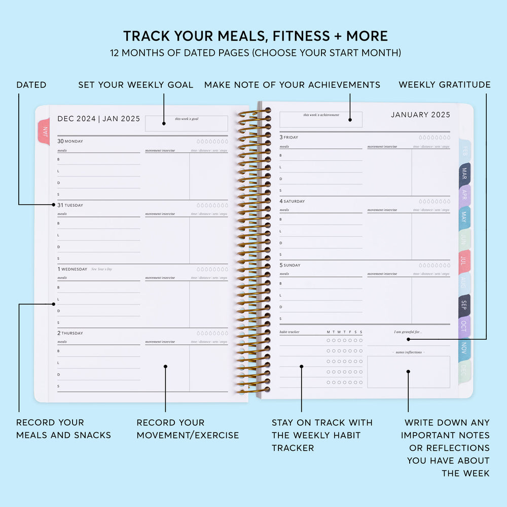 a planner with the words track your meals, fitness and more