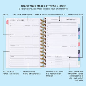 
                  
                    a planner with the words track your meals, fitness and more
                  
                