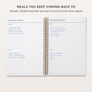 
                  
                    Meal planner favorite-meals pages with lists for breakfast, lunch, dinner and snacks.
                  
                