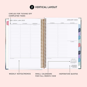 
                  
                    Vertical weekly planner layout with daily columns, task checkboxes and weekly notes.
                  
                