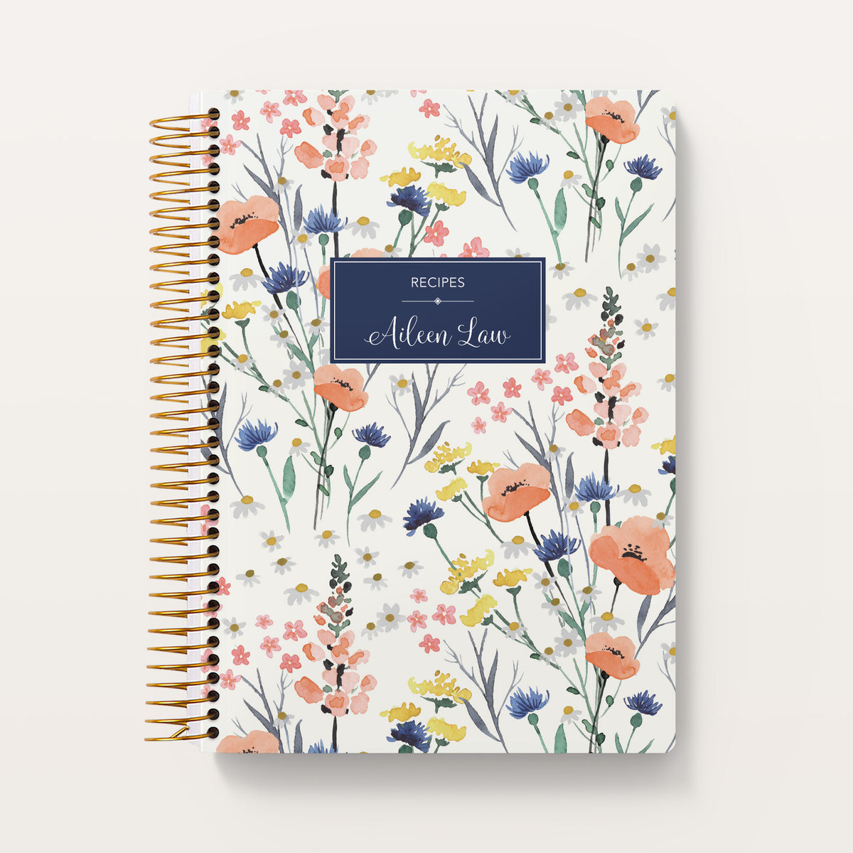 Field Flowers Blue cover on a personalized Posy recipe book