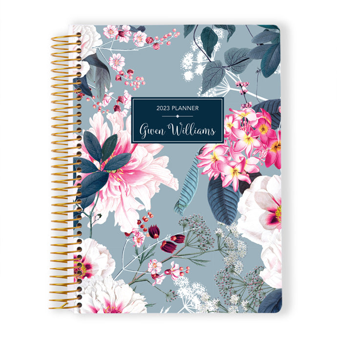 6x9 Monthly Planner - Blue Pink Elegant Floral