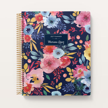 8.5x11 Teacher Planner - Navy Blue Pink Watercolor Floral