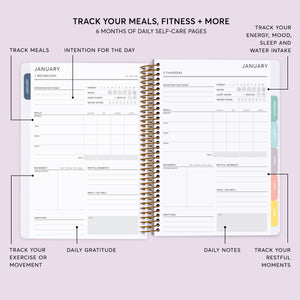 
                  
                    Meal and fitness tracking pages in a 6×9 Posy self-care planner
                  
                
