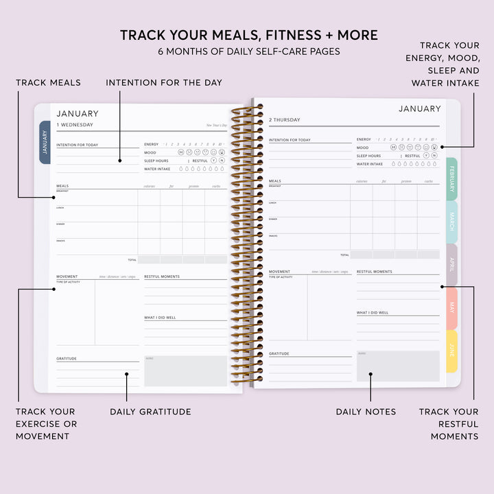 Meal and fitness tracking pages in a 6×9 Posy self-care planner
