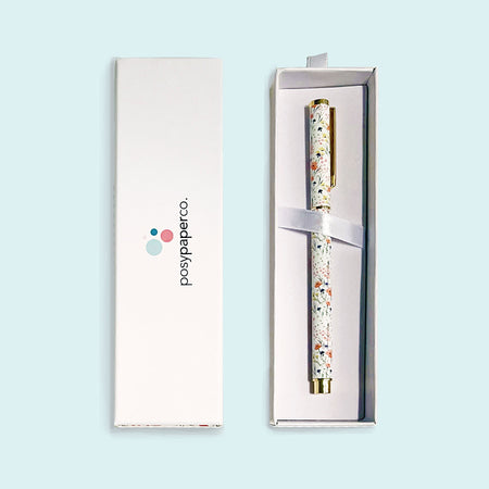 Posy Paper Co field flowers blue rollerball point pen with matching gift box.