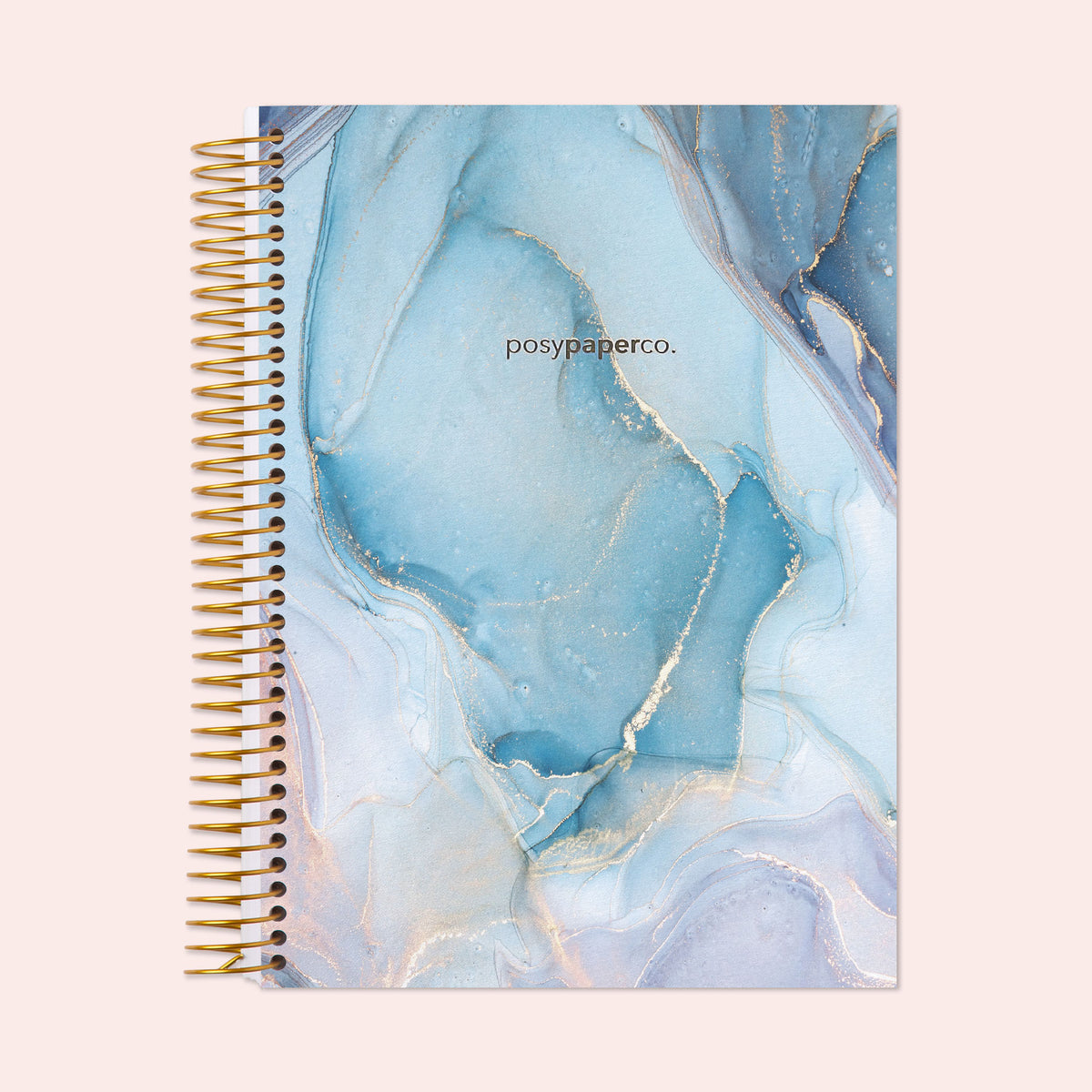 6×9 hardcover monthly planner with an Aqua Gold Abstract Ink cover and gold coil binding.