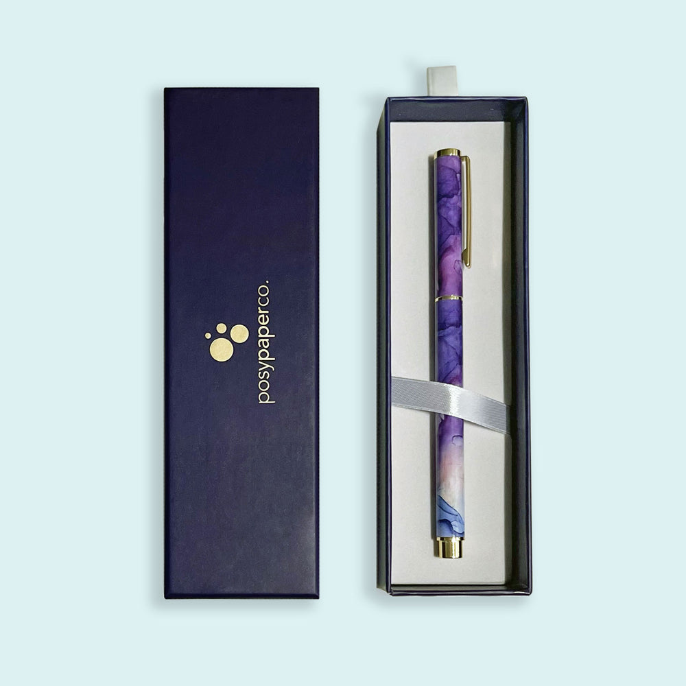 Posy Paper Co purple blue flowing ink rollerball point pen with matching gift box.
