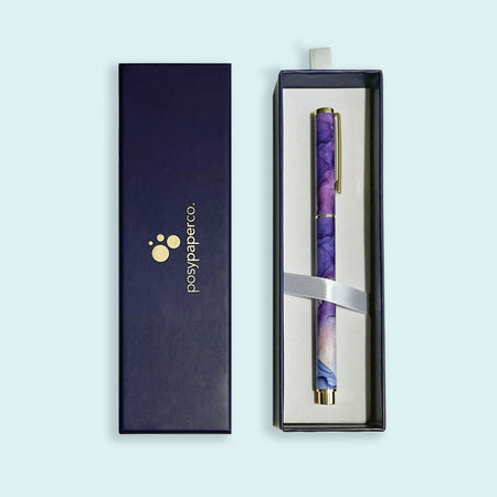 Posy Paper Co purple blue flowing ink rollerball point pen with matching gift box.