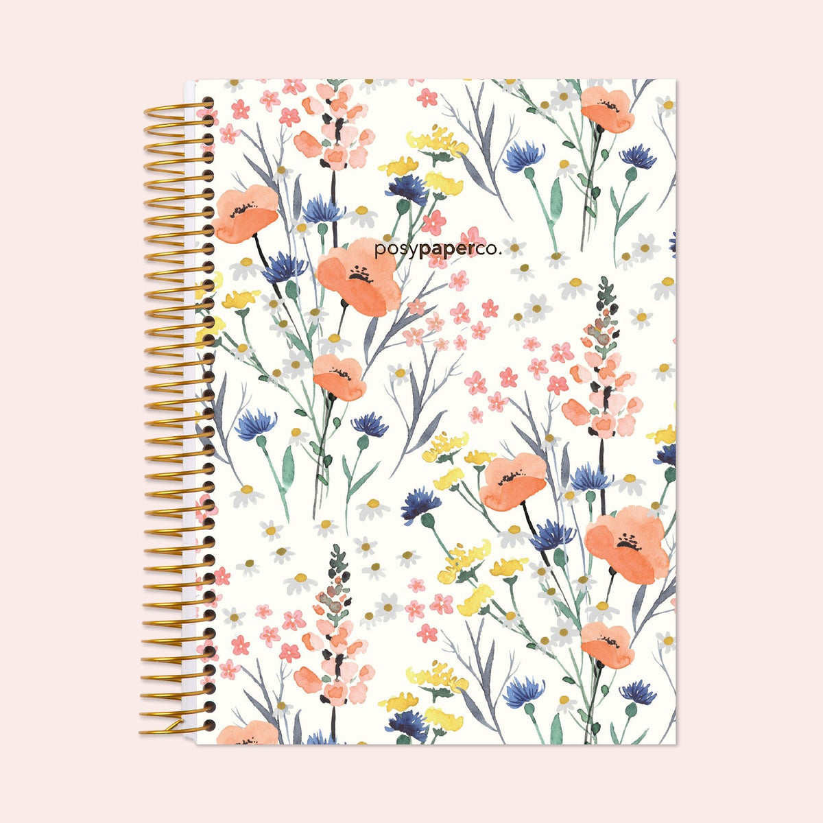 6×9 hardcover weekly planner with a Field Flowers Blue cover and gold coil binding.