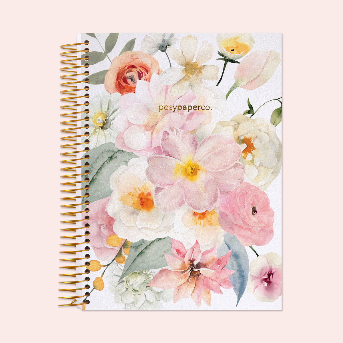 6×9 hardcover weekly planner with a Flirty Florals Blush cover and gold coil binding.