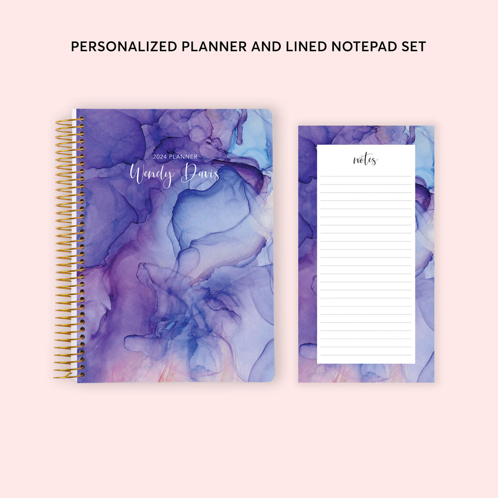 6x9 Weekly Planner and Lined Notepad Set - Purple Flowing Ink
