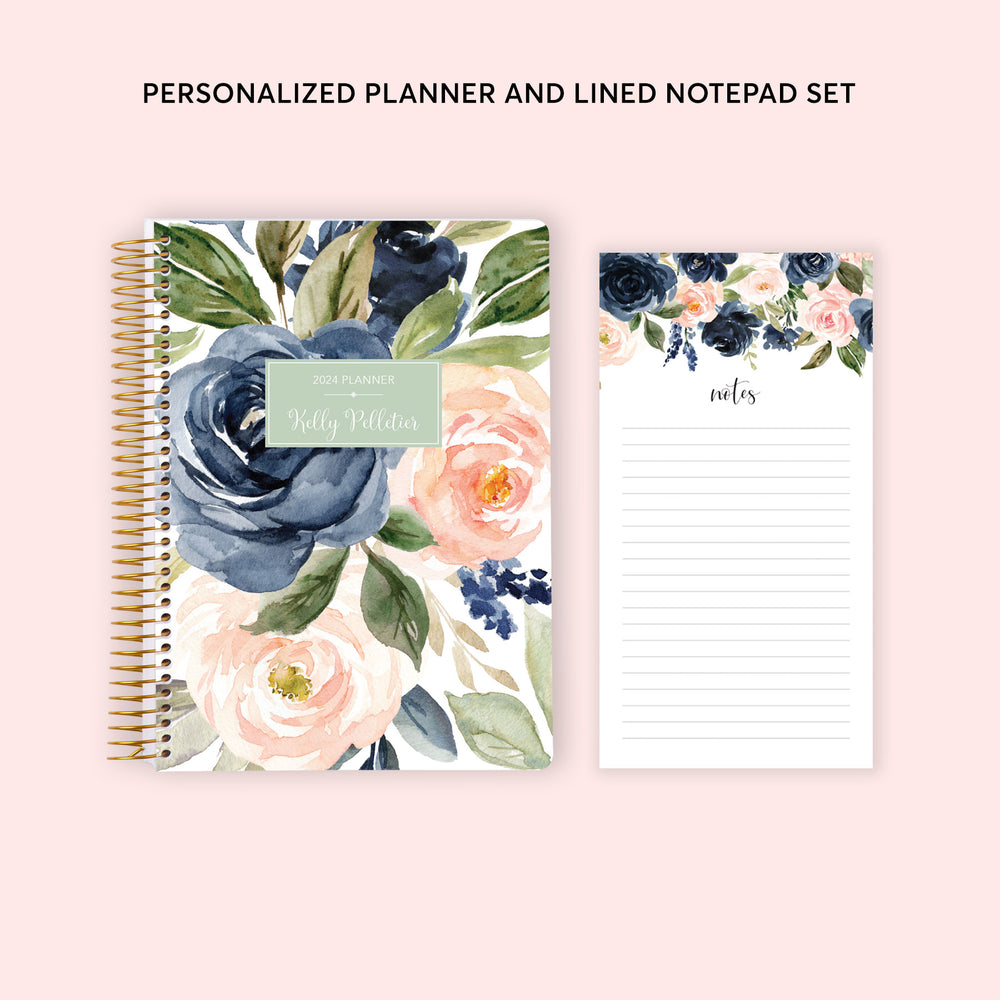 6x9 Weekly Planner and Lined Notepad Set - Navy Blush Roses