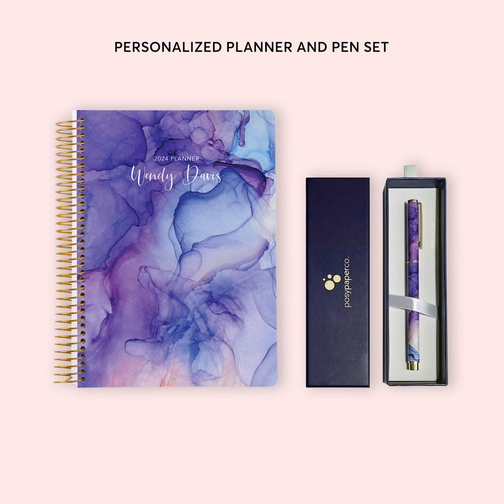 6x9 Weekly Planner and Rollerball Pen Set - Purple Flowing Ink