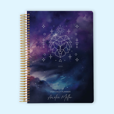 Daily planner with a Leo zodiac-themed cover, highlighting the Leo lion symbol in a bold design, and including structured daily planning pages with the option to personalize your cover for organized success.