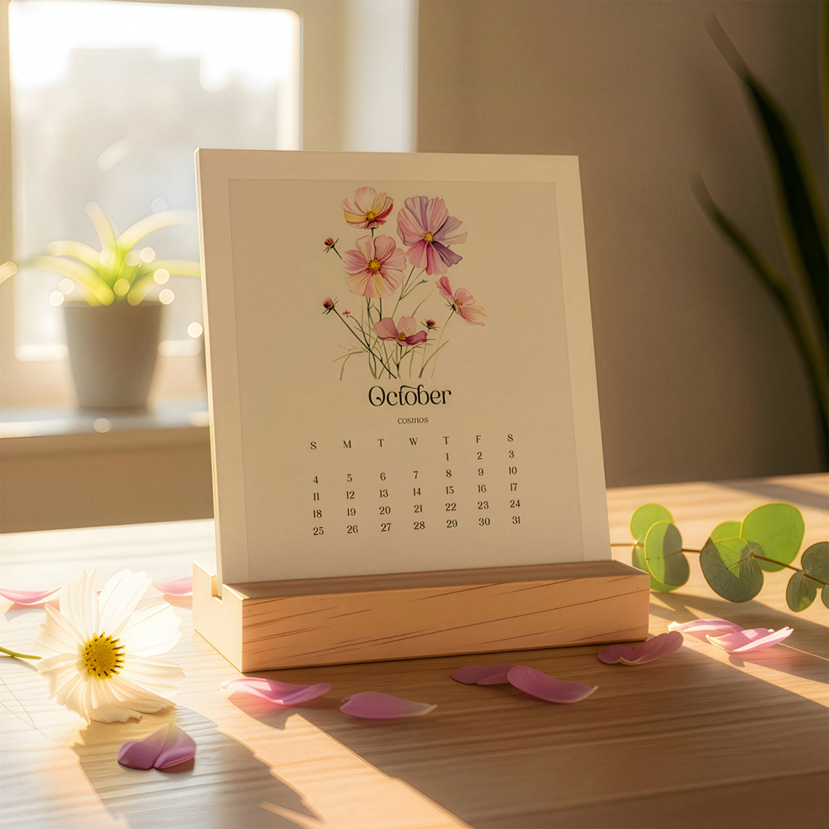 Birth Flowers desk calendar showing an October floral card in a wooden stand