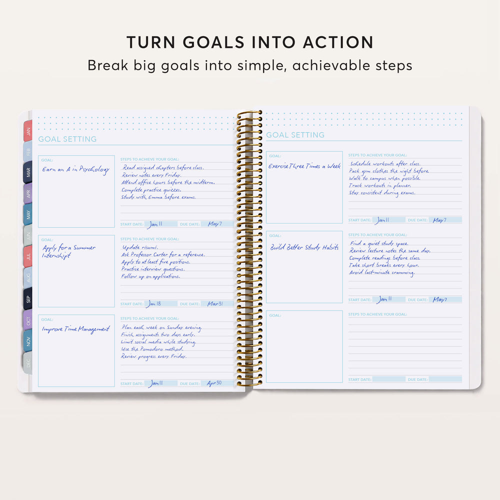 
                  
                    a spiral notebook with the words turn goals into action
                  
                