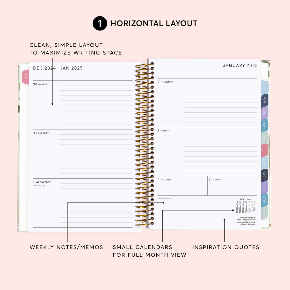 Horizontal weekly planner layout with daily writing areas, weekly notes and small monthly calendars.