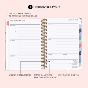 
                  
                    Horizontal weekly planner layout with daily writing areas, weekly notes and small monthly calendars.
                  
                
