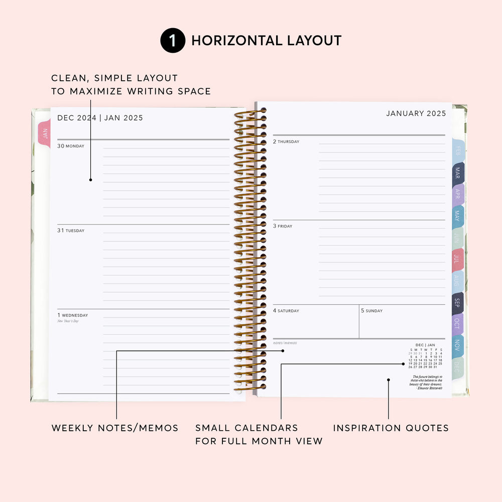 
                  
                    a spiral bound planner with the words horizontal layout
                  
                