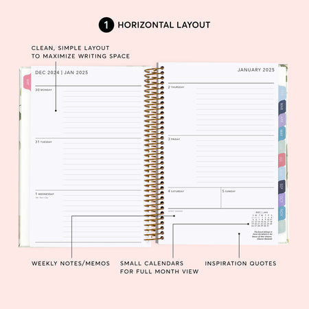 a spiral bound planner with the words horizontal layout