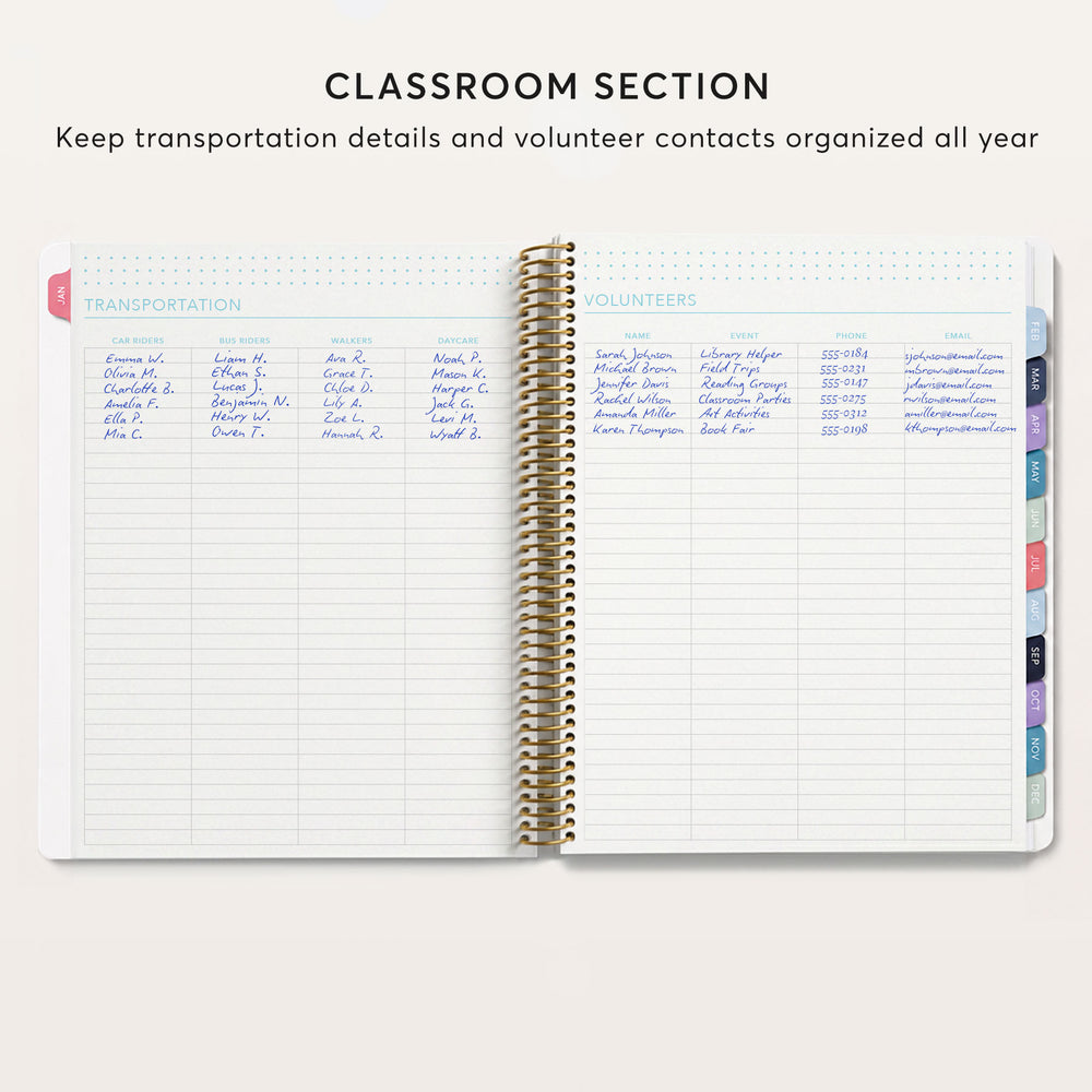 
                  
                    The image is a page from a notebook or planner with a section titled "CLASSROOM SECTION" that includes two columns of handwritten names and contact information.
                  
                