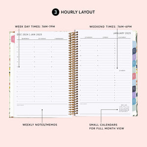
                  
                    Hourly weekly planner layout with timed daily schedules and weekly notes.
                  
                