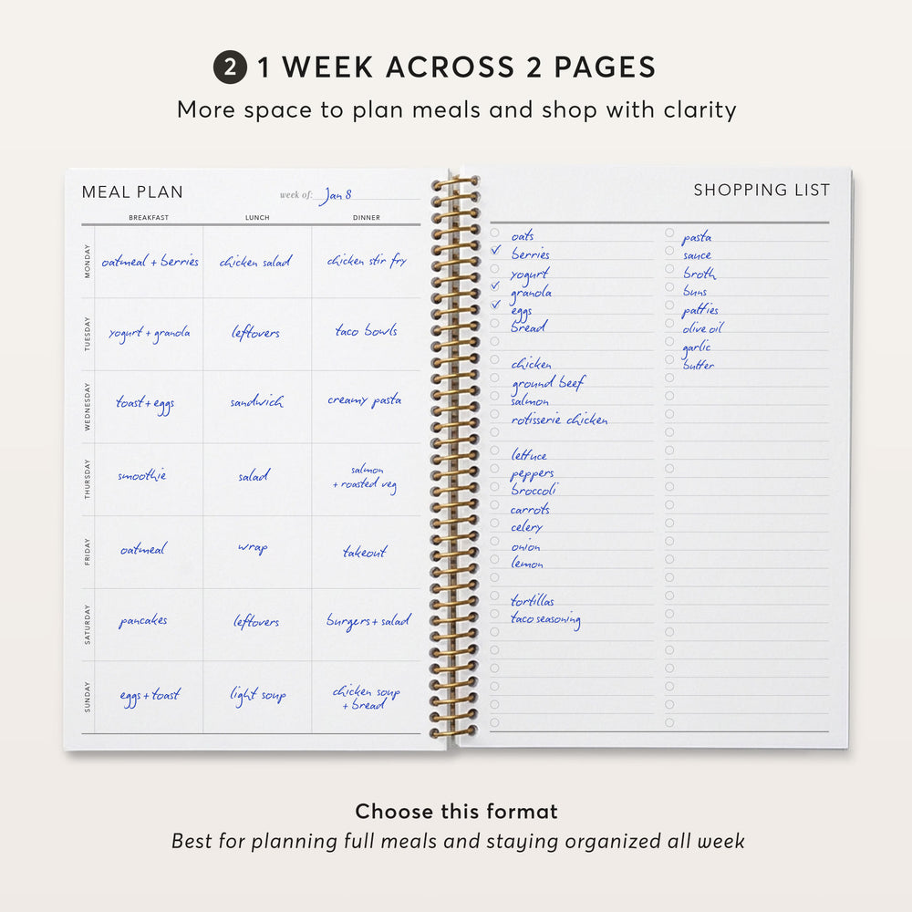 
                  
                    The image is a page from a meal planning and shopping list notebook, featuring a layout with two pages. The page is titled "2 WEEK ACROSS 2 PAGES" and provides a space for planning meals and shopping with clarity. The page includes a meal plan with a list of meals for each day of the week, as well as a shopping list. The format of the page is described as "Best for planning full meals and staying organized all week."
                  
                