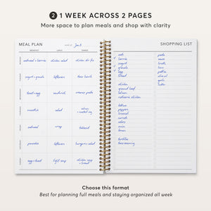
                  
                    Meal planner showing one week across two pages, with a meal plan beside a shopping list.
                  
                