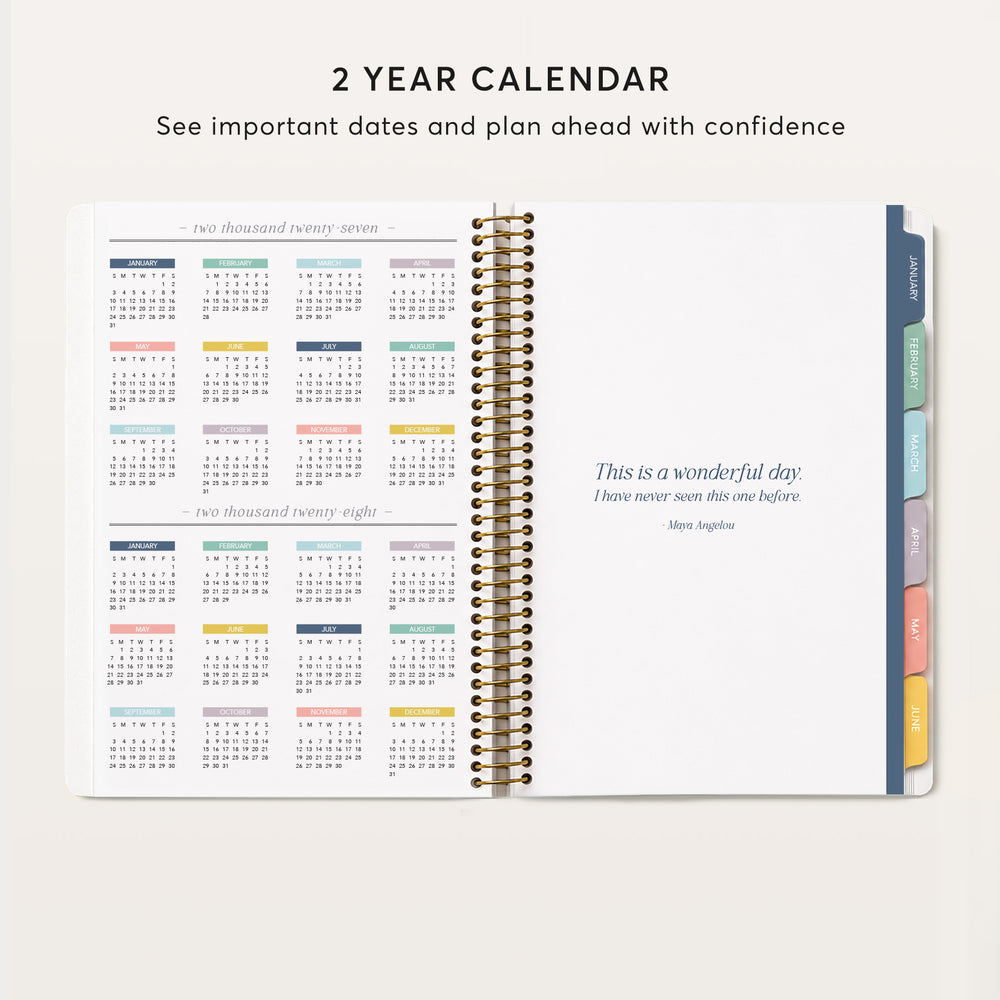 
                  
                    The image is a 2-year calendar with a page displaying the months of the year and a page with a quote attributed to Maya Angelou.
                  
                