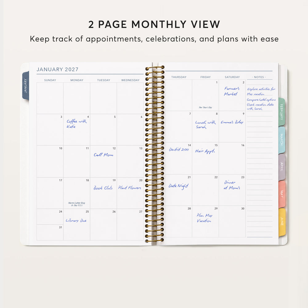 
                  
                    The image is a page from a two-page monthly view calendar for January 2021. The calendar displays the days of the week and various events, appointments, and plans for the month.
                  
                