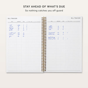 
                  
                    Budget planner bill-tracker pages with payment amounts and monthly checkboxes.
                  
                