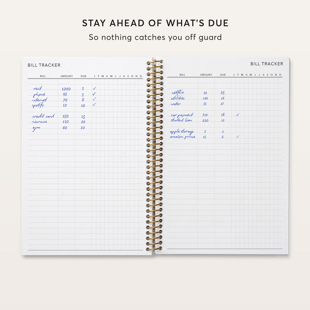 
                  
                    The image is a spiral-bound notebook with a page titled "BILL TRACKER" that contains a list of bills and their amounts due.
                  
                