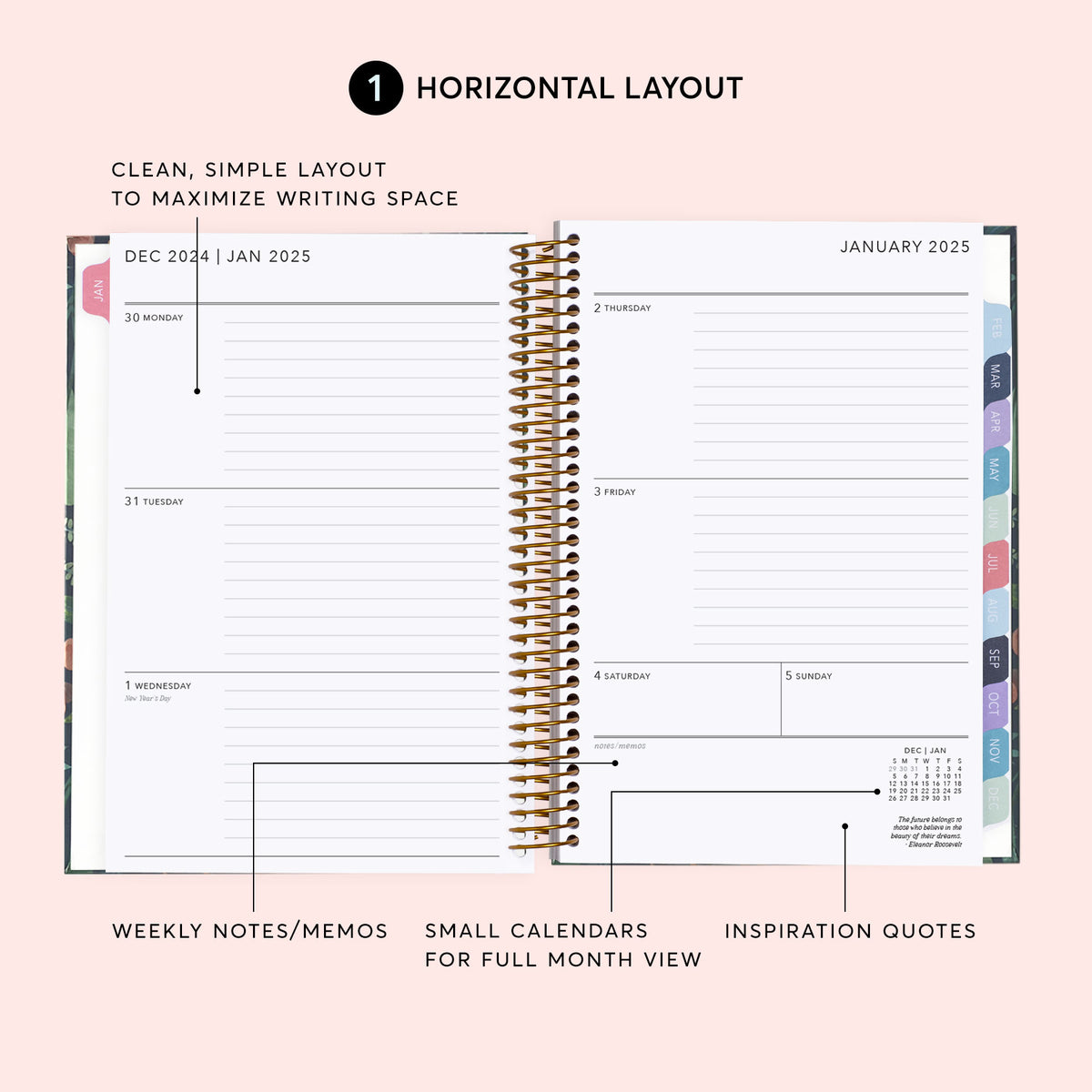Horizontal weekly planner layout with daily writing areas, weekly notes and small monthly calendars.