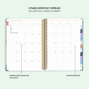 
                  
                    Two-page monthly calendar inside a 6×9 hardcover student planner
                  
                