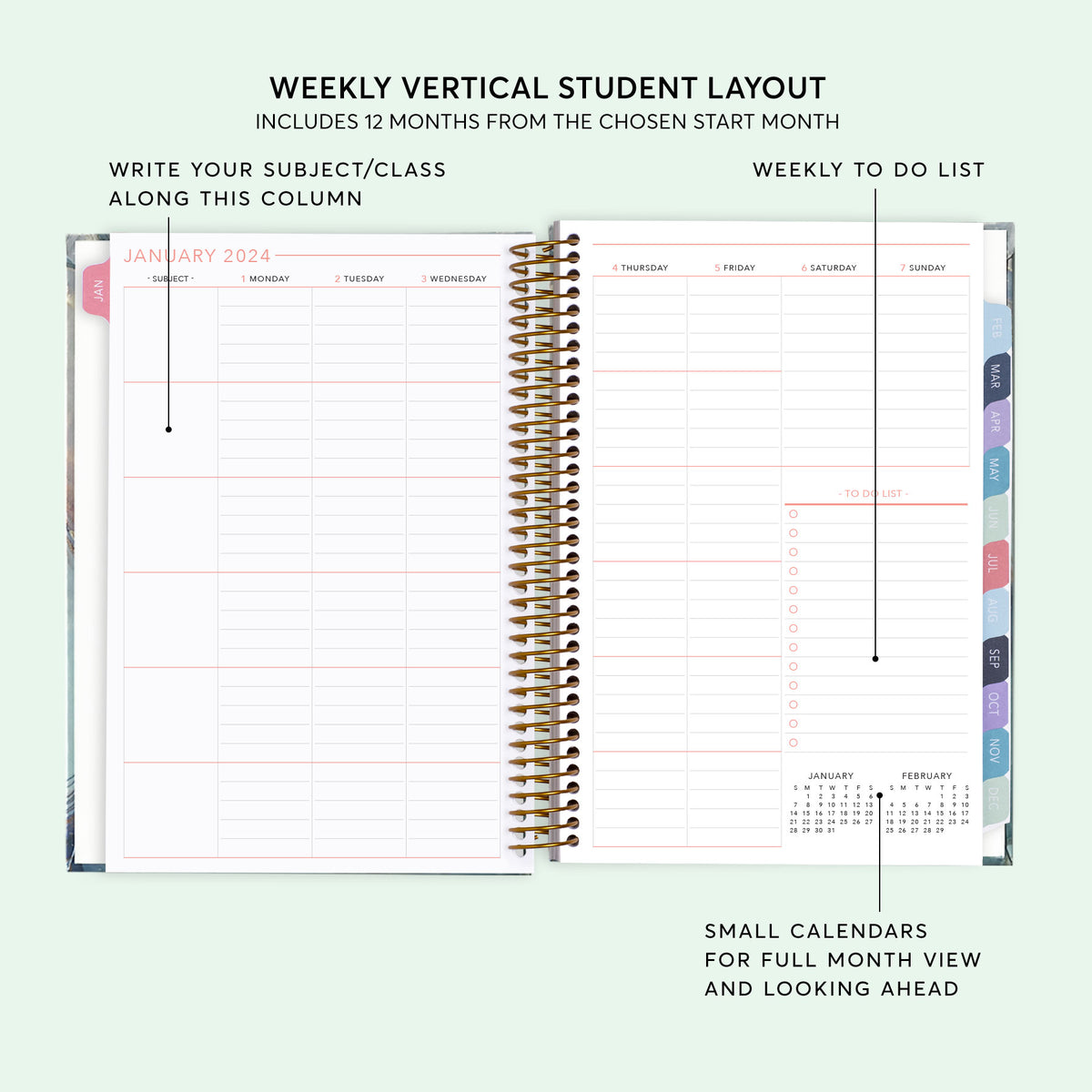 Vertical weekly layout inside a 6×9 hardcover student planner