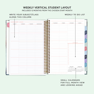 
                  
                    Vertical weekly layout inside a 6×9 hardcover student planner
                  
                